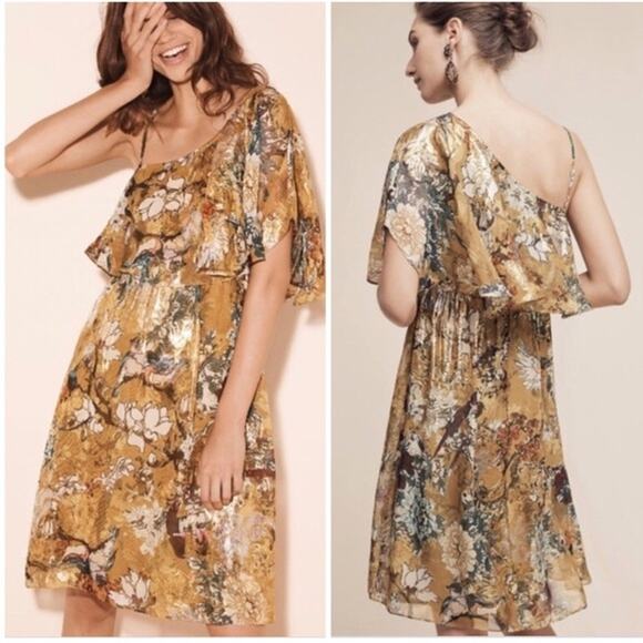 Hemant & Nandita Silk Gold Blooming Dress‎ Size Medium New with Tags - Picture 1 of 8